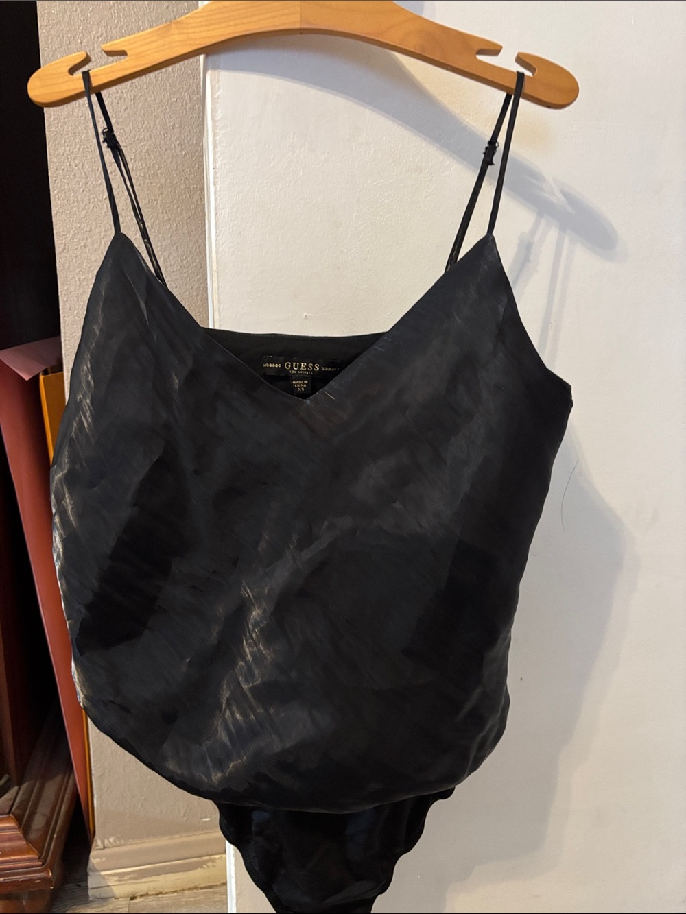 GUESS Black Satin V-Neck Spaghetti-Strap Bodysuit